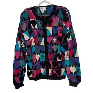 Vintage Heart Argyle Cardigan Womens Size Small Black Patchwork Knit Sweater